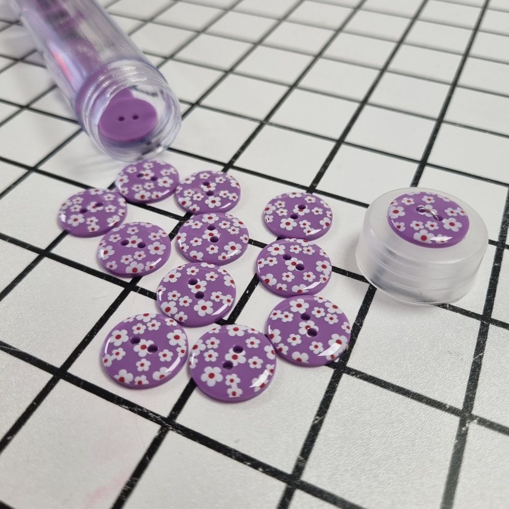 18mm Printed Flower Buttons - Purple