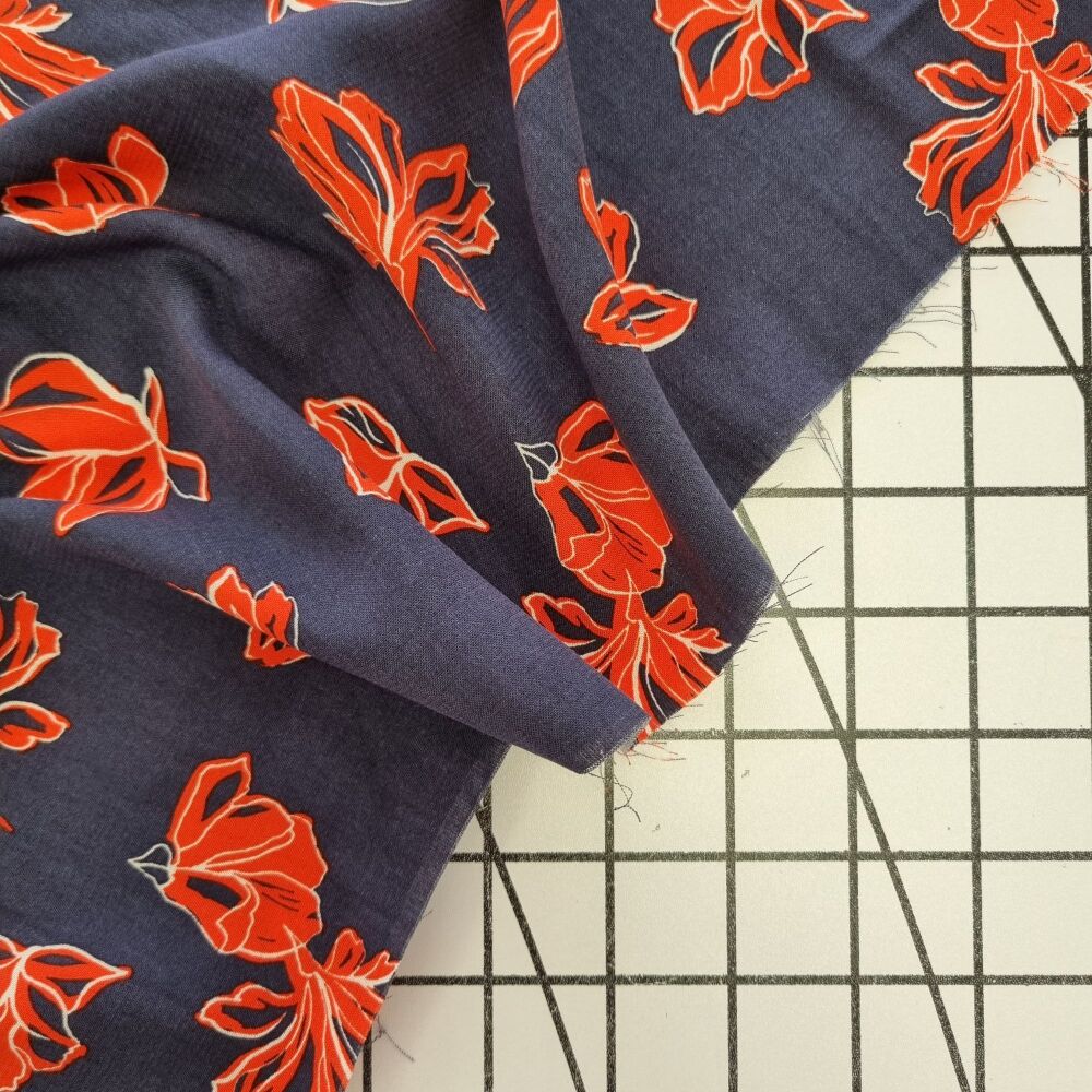 Red Lily on Navy Viscose - REMNANT - 33cm x 144cm