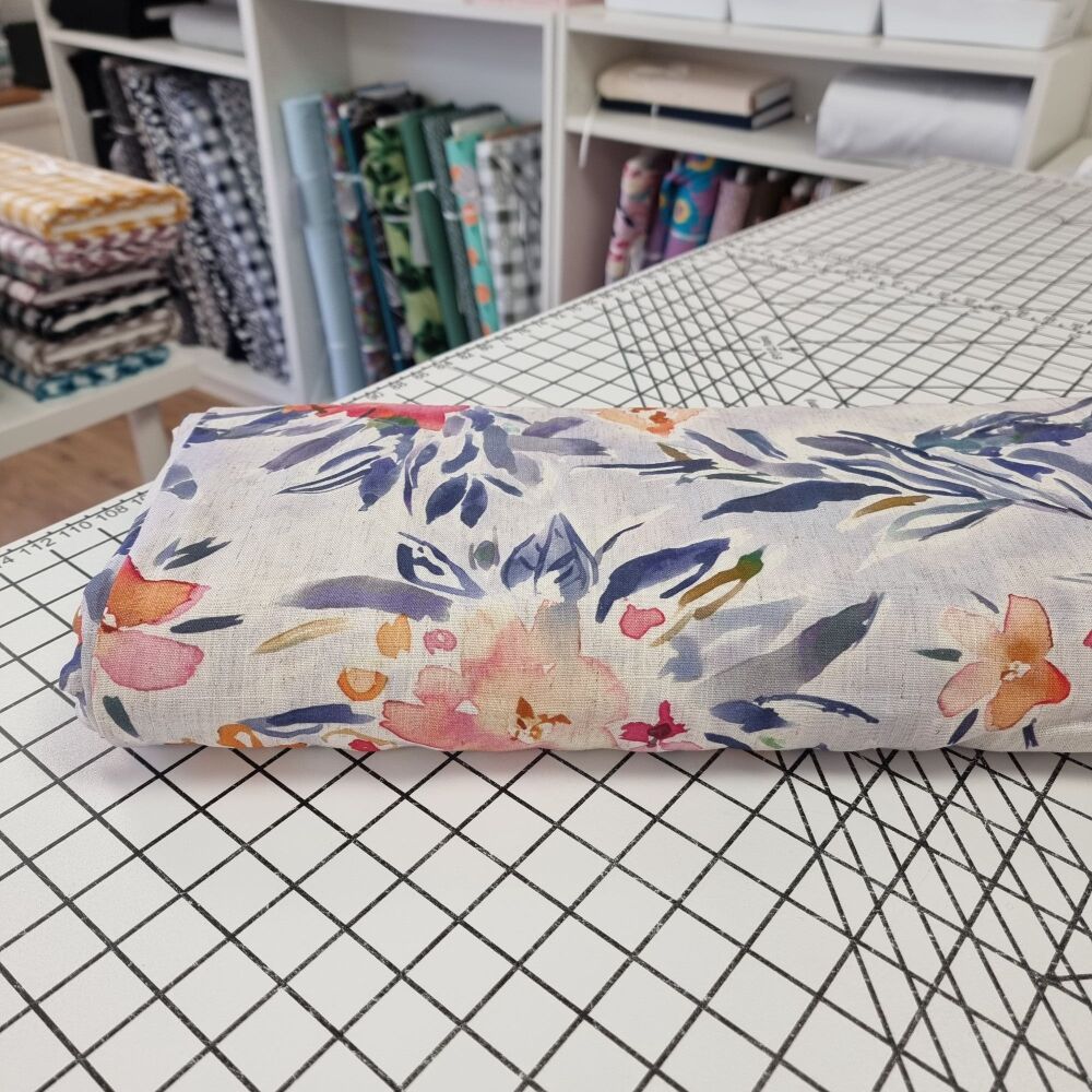 Watercolour Flowers Grey - Viscose Linen