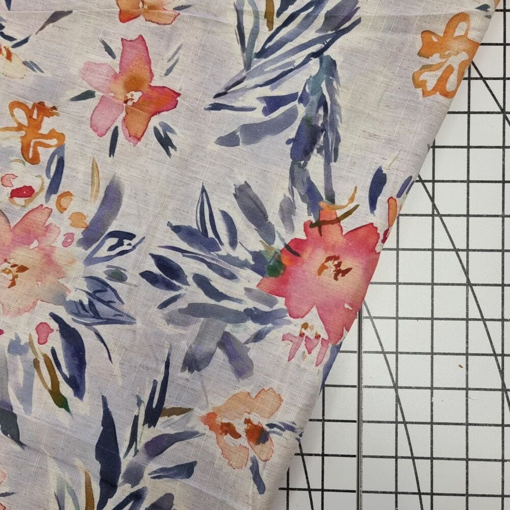 Watercolour Flowers Grey - Viscose Linen