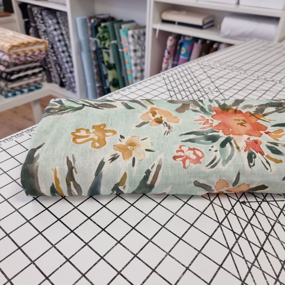 Watercolour Flowers Mint - Viscose Linen