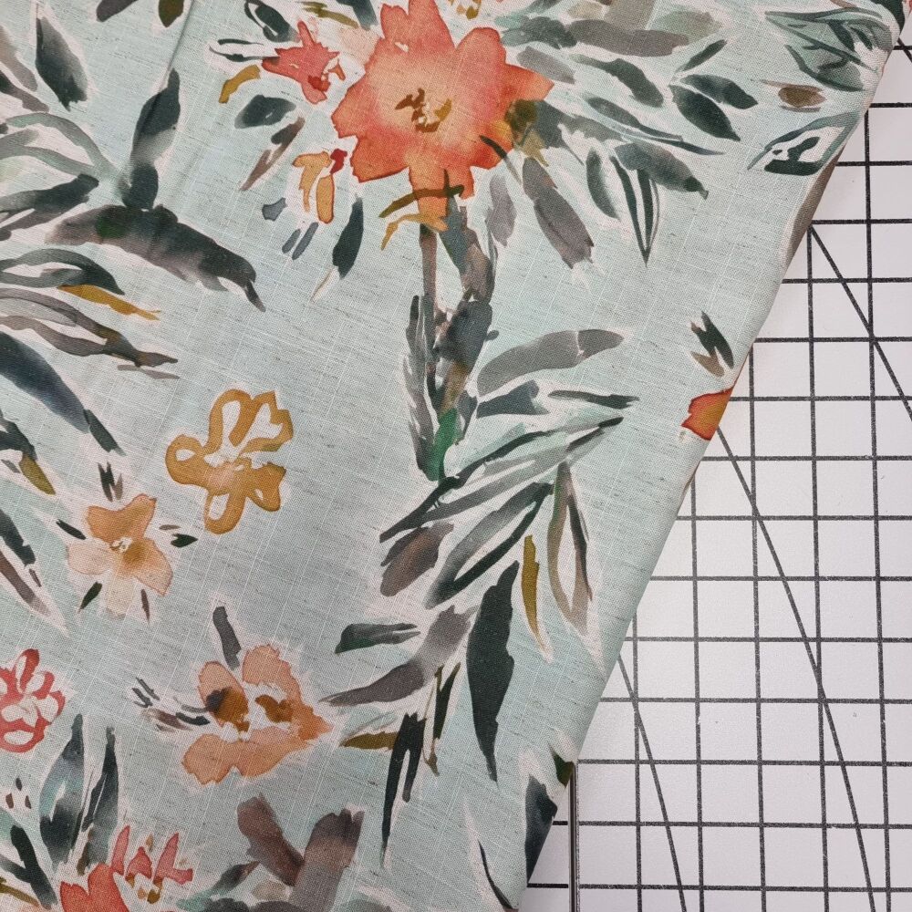 Watercolour Flowers Mint - Viscose Linen
