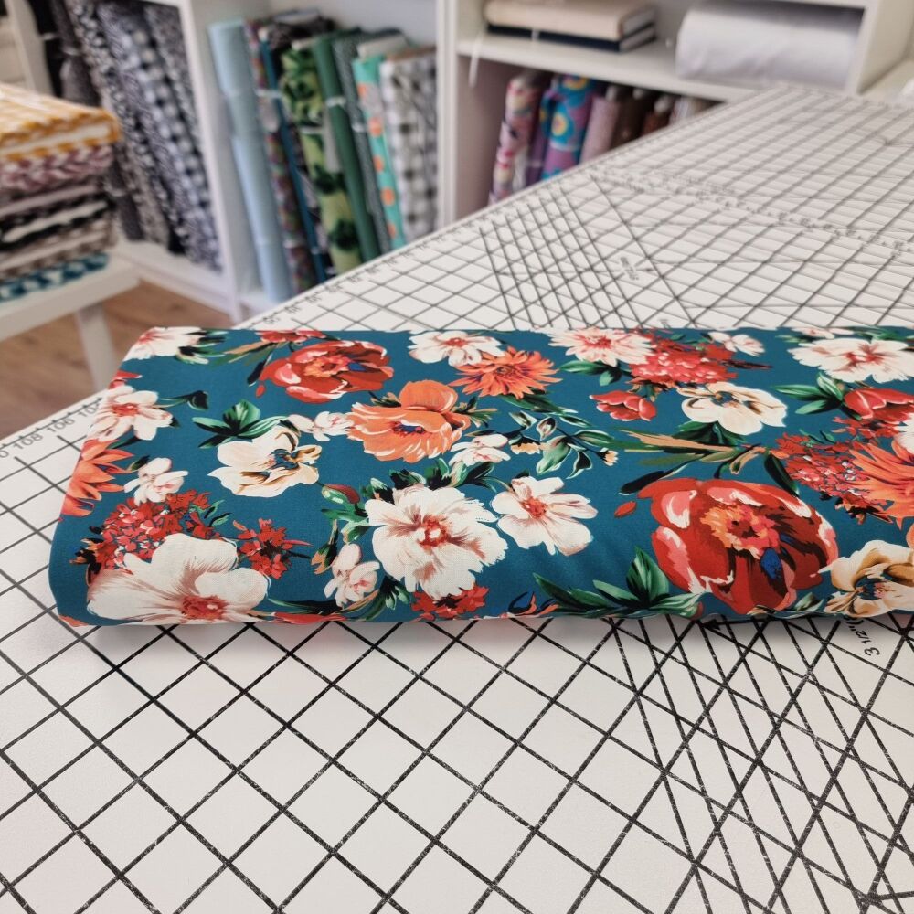 Teal 3D Flowers - Viscose