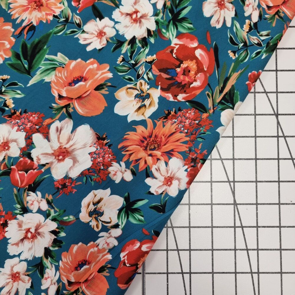 Teal 3D Flowers - Viscose