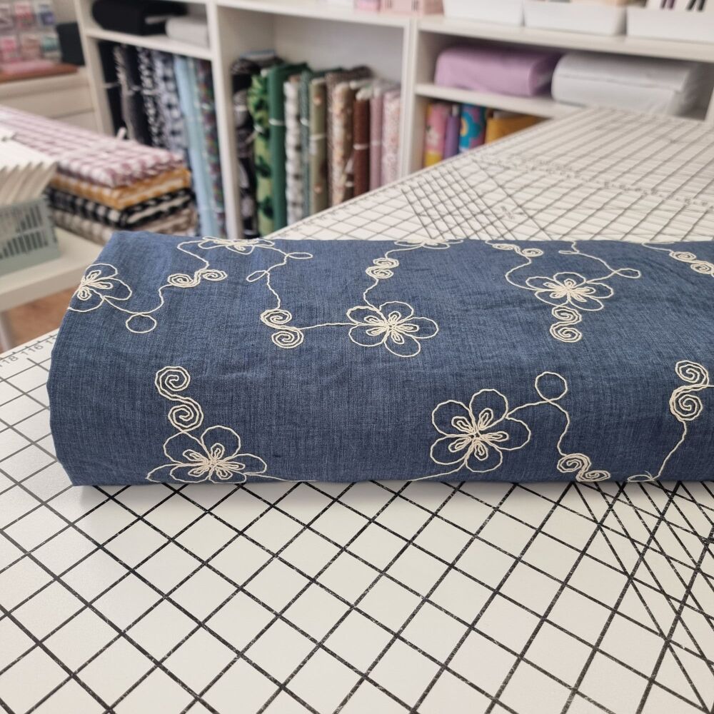 Embroidered Flower - Denim Cotton Chambray
