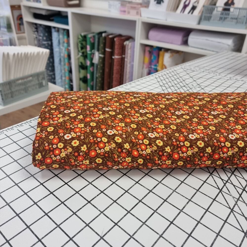 Brown Retro Flowers - Babycord