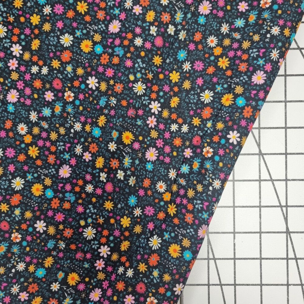 Navy Rainbow Flower Field - Babycord