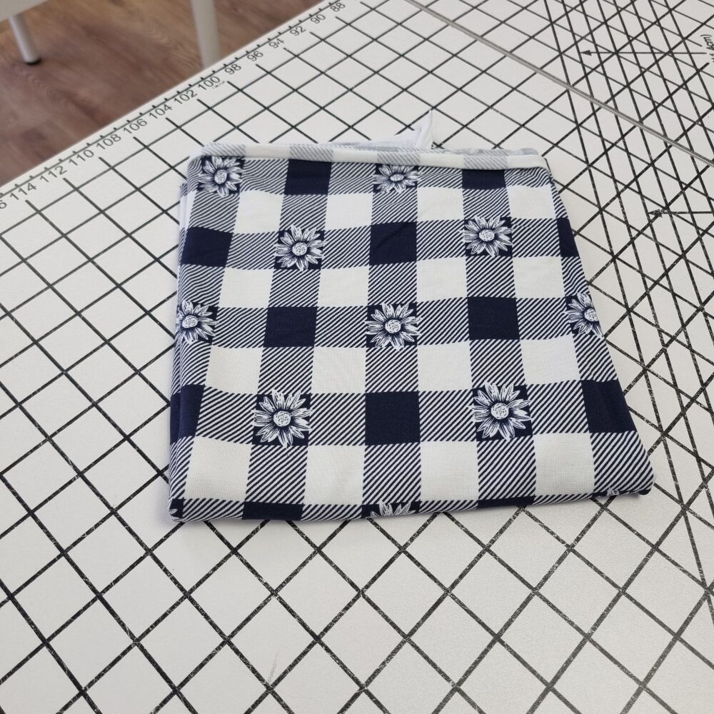 Navy Daisy Gingham Jersey - REMNANT - 42cm x 145cm