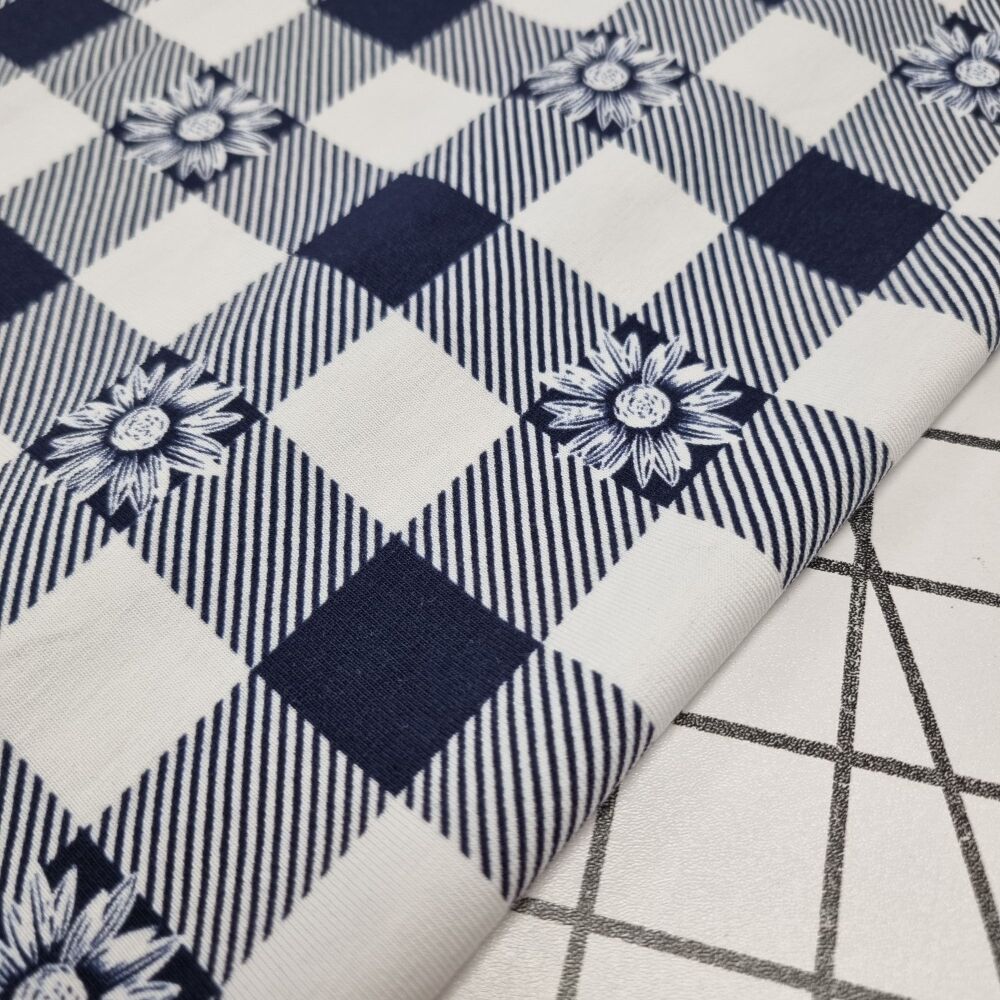 Navy Daisy Gingham Jersey - REMNANT - 42cm x 145cm