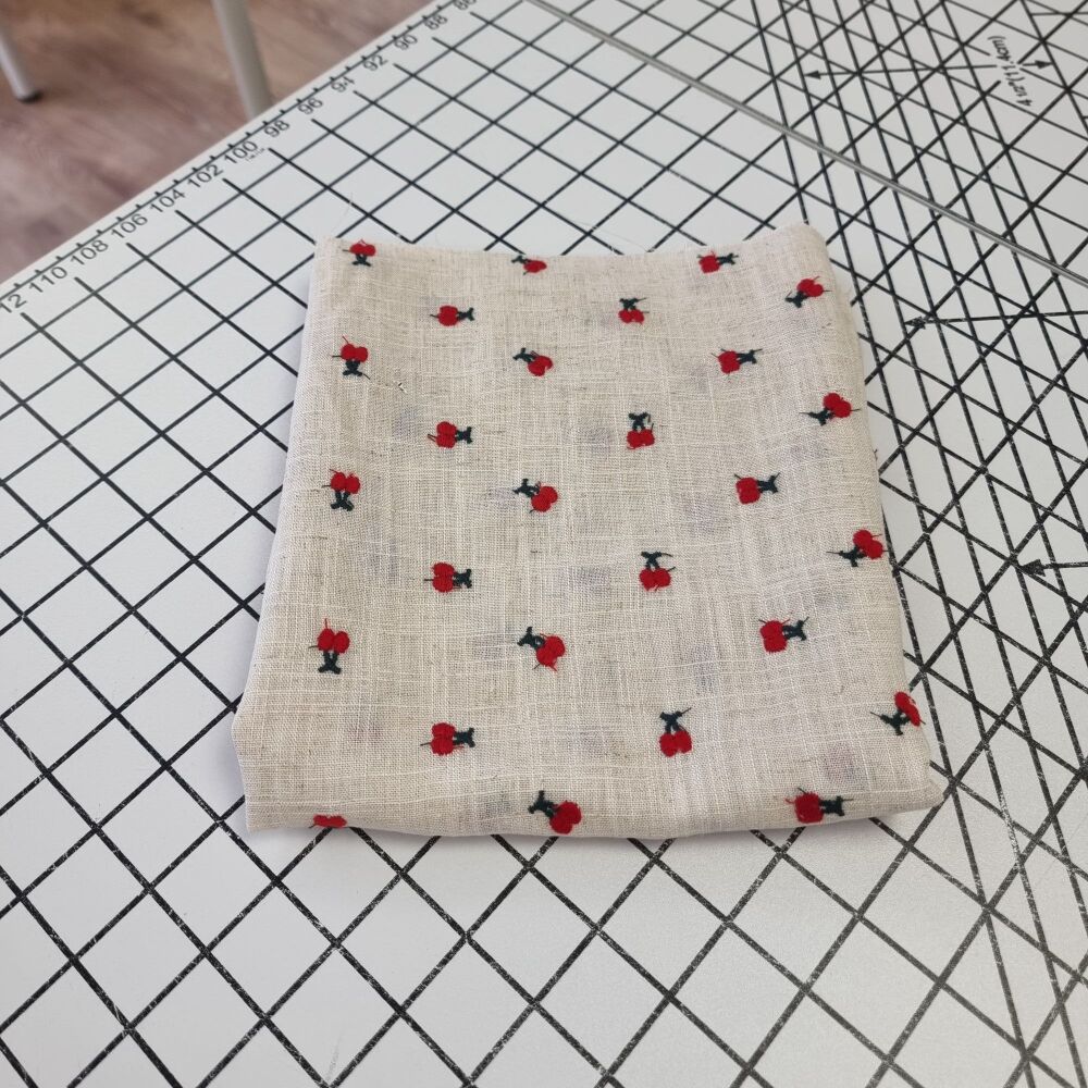 Embroidered Cherry Viscose Linen - REMNANT - 40cm x 130cm
