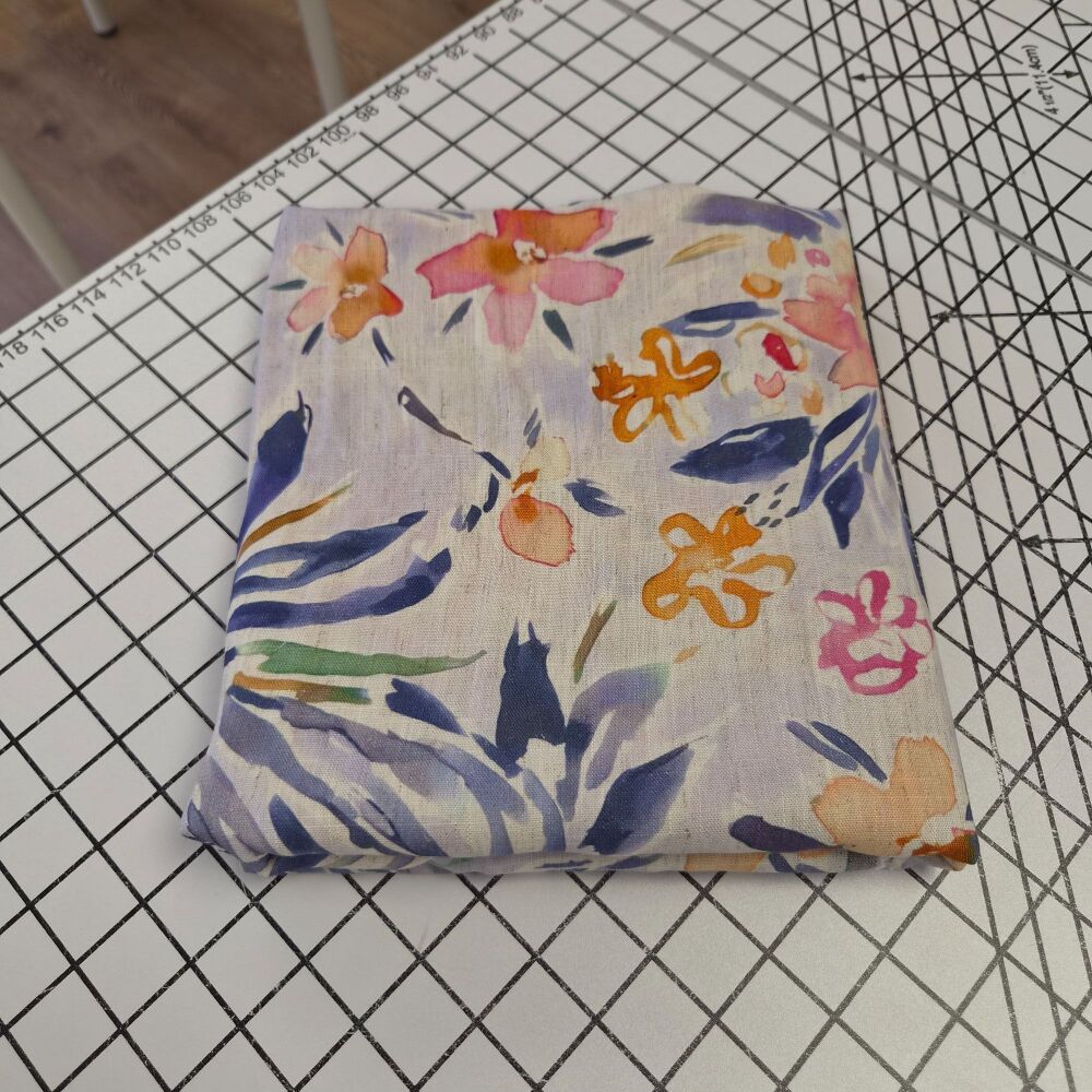 Grey Watercolour Flowers Viscose Linen - REMNANT - 186cm x 140cm