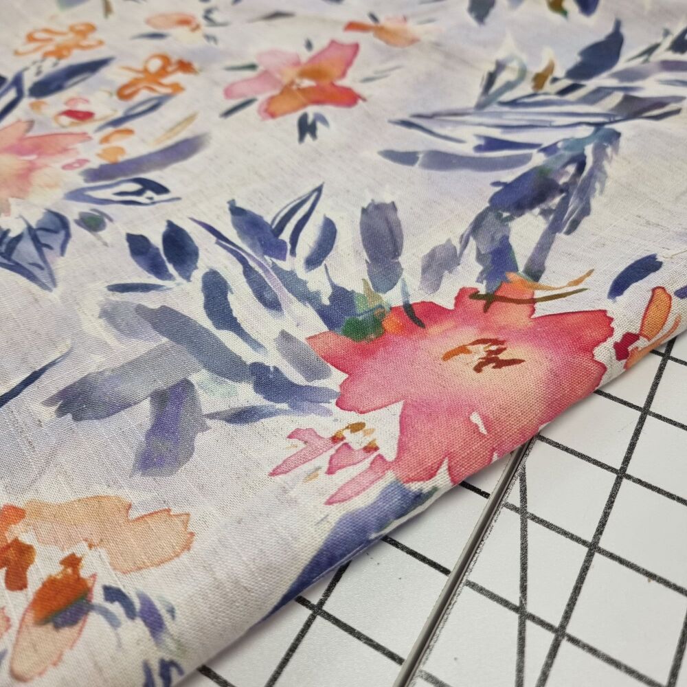 Grey Watercolour Flowers Viscose Linen - REMNANT - 186cm x 140cm
