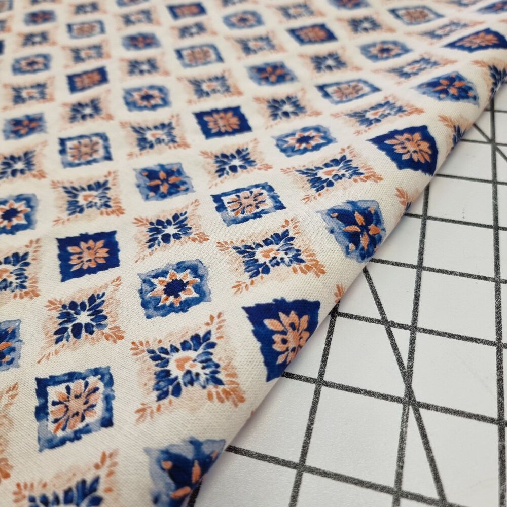 Persian Tiles Viscose Linen - REMNANT - 58cm x 140cm