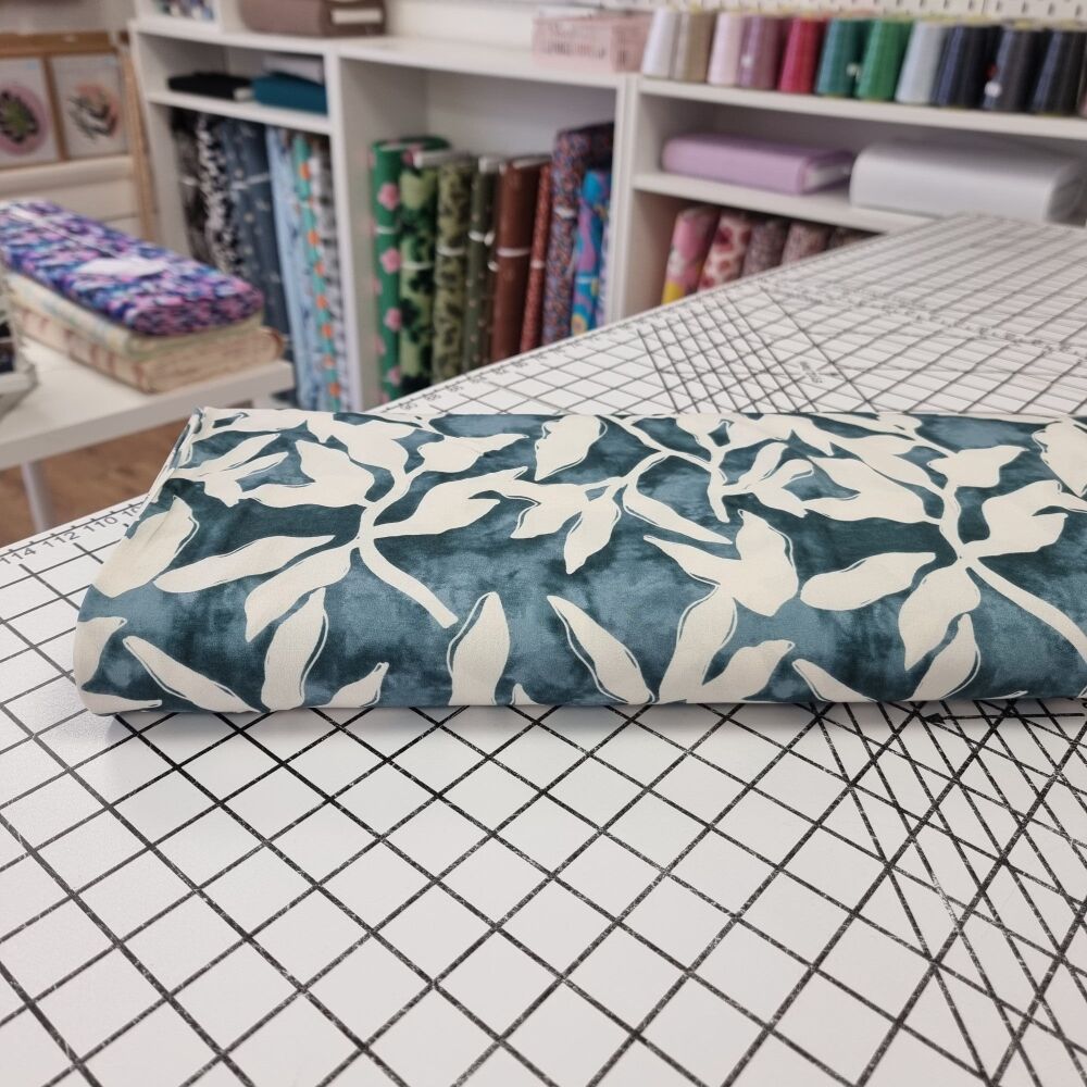 Teal Watercolour Leaves - Viscose