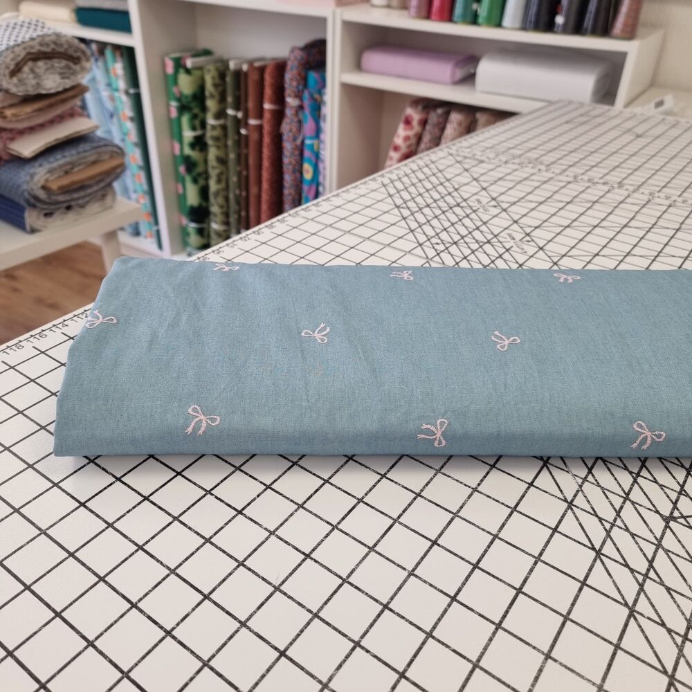 Embroidered Bows - Cotton Chambray