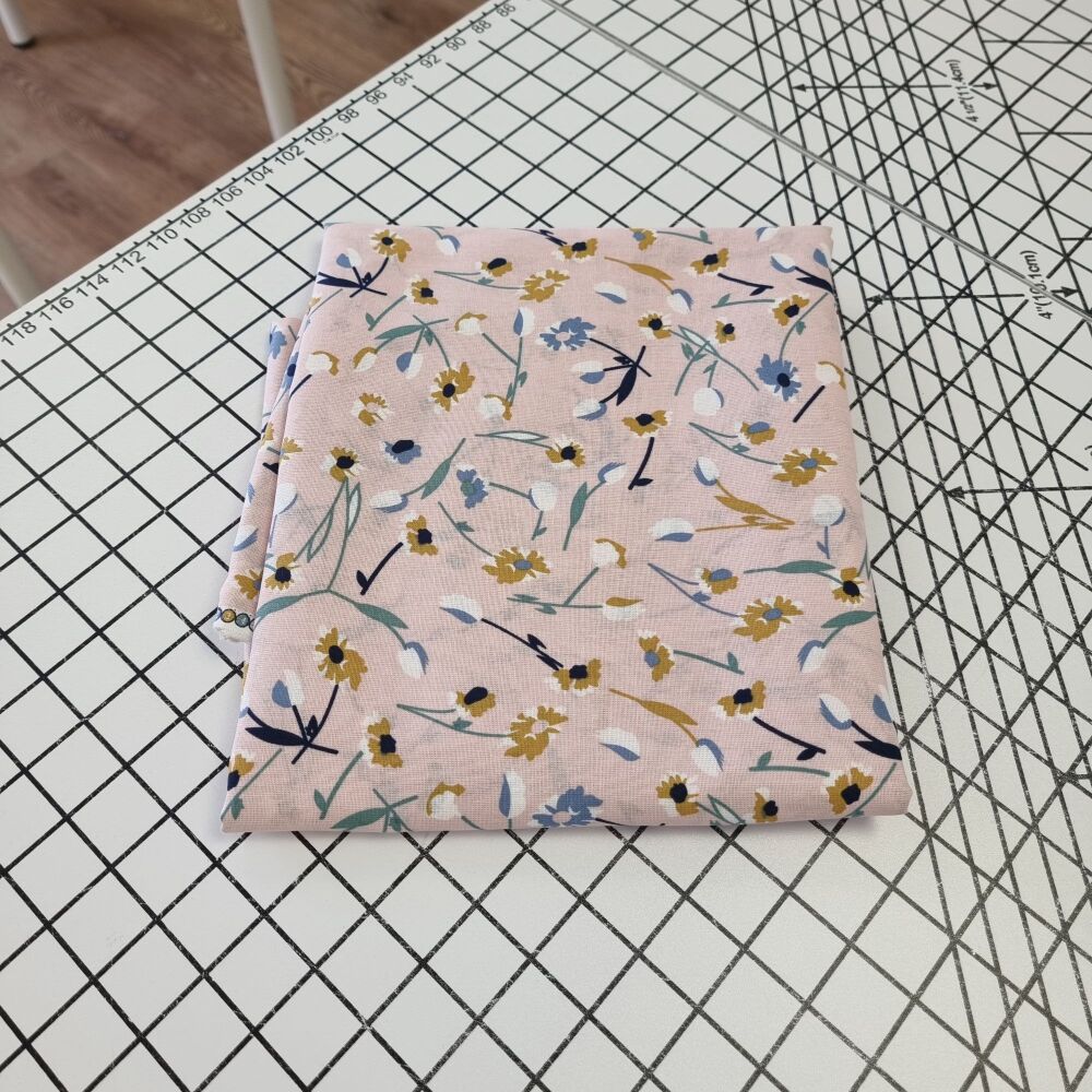 Blush Pink Floral Cotton Linen Mix - REMNANT - 154cm x 144cm