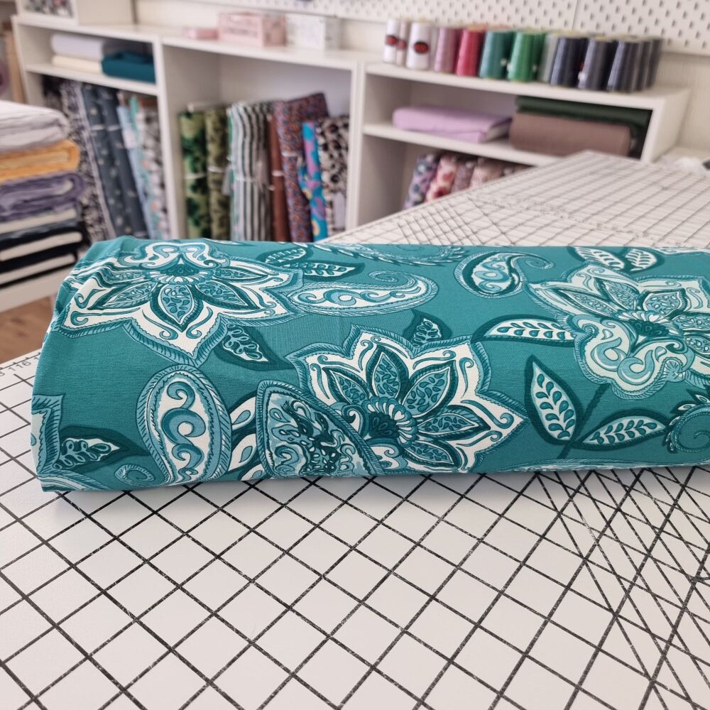 Teal Paisley Flowers - Viscose Jersey