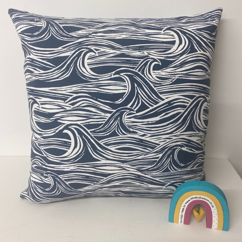 Waves Cushion - Navy Blue Surf Fabric