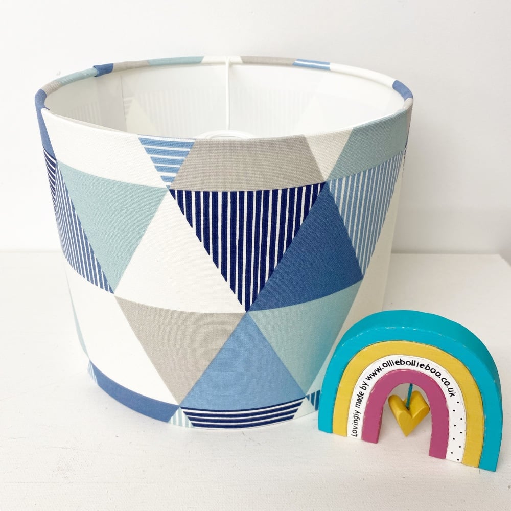 Geometric lampshade with blue and grey triangles for ceiling or table lamp
