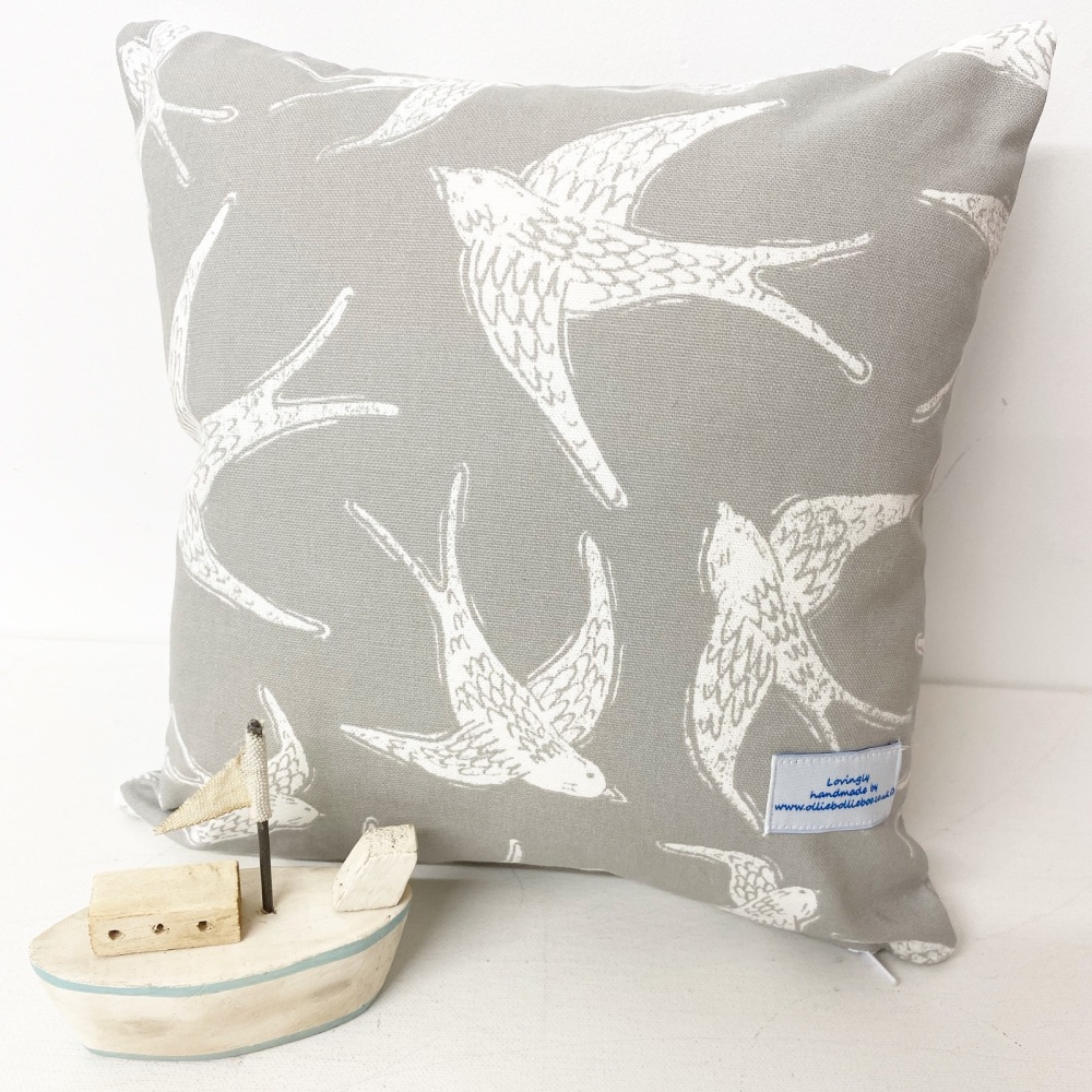 Swallows Cushion - Grey Bird Fabric