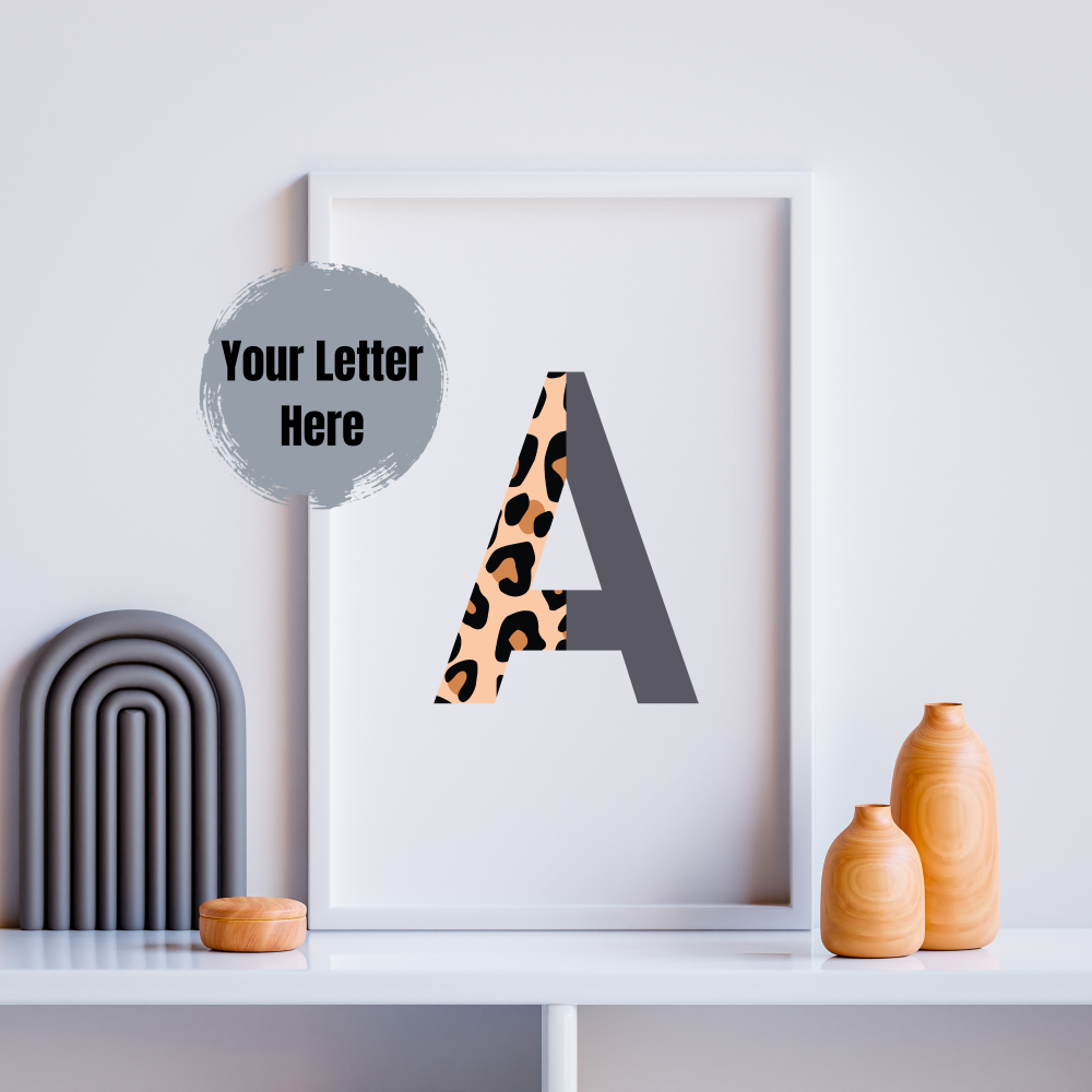 Letter print in Grey and pink leopard print - custom print in your initial