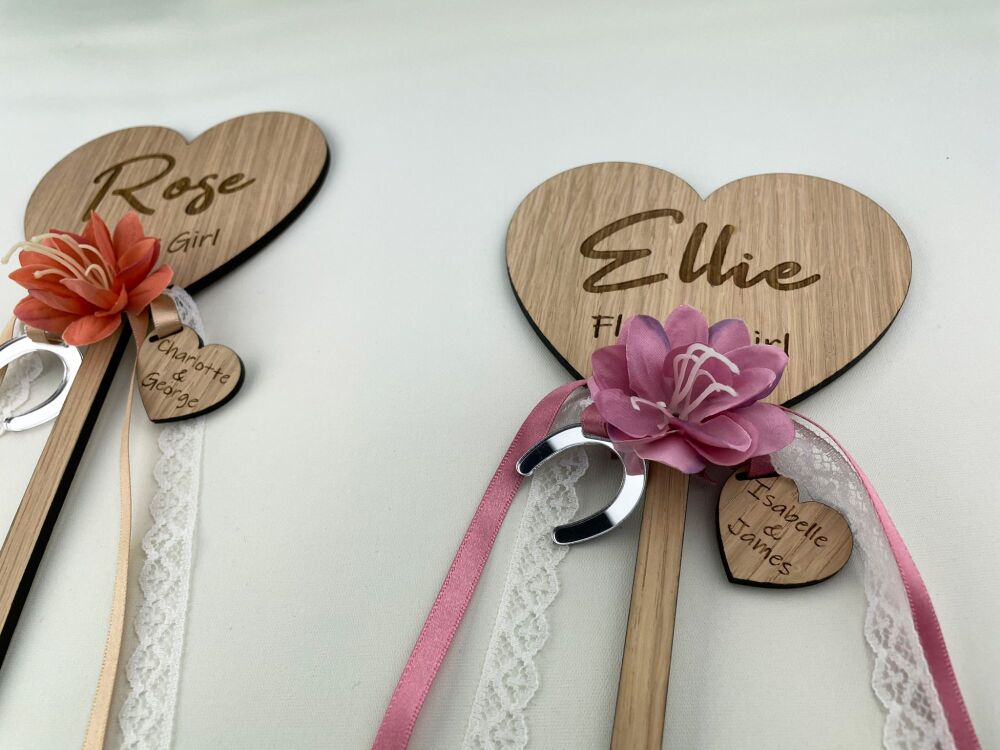 Flower Girl Wand Personalised With Her Name + Lucky Horseshoe