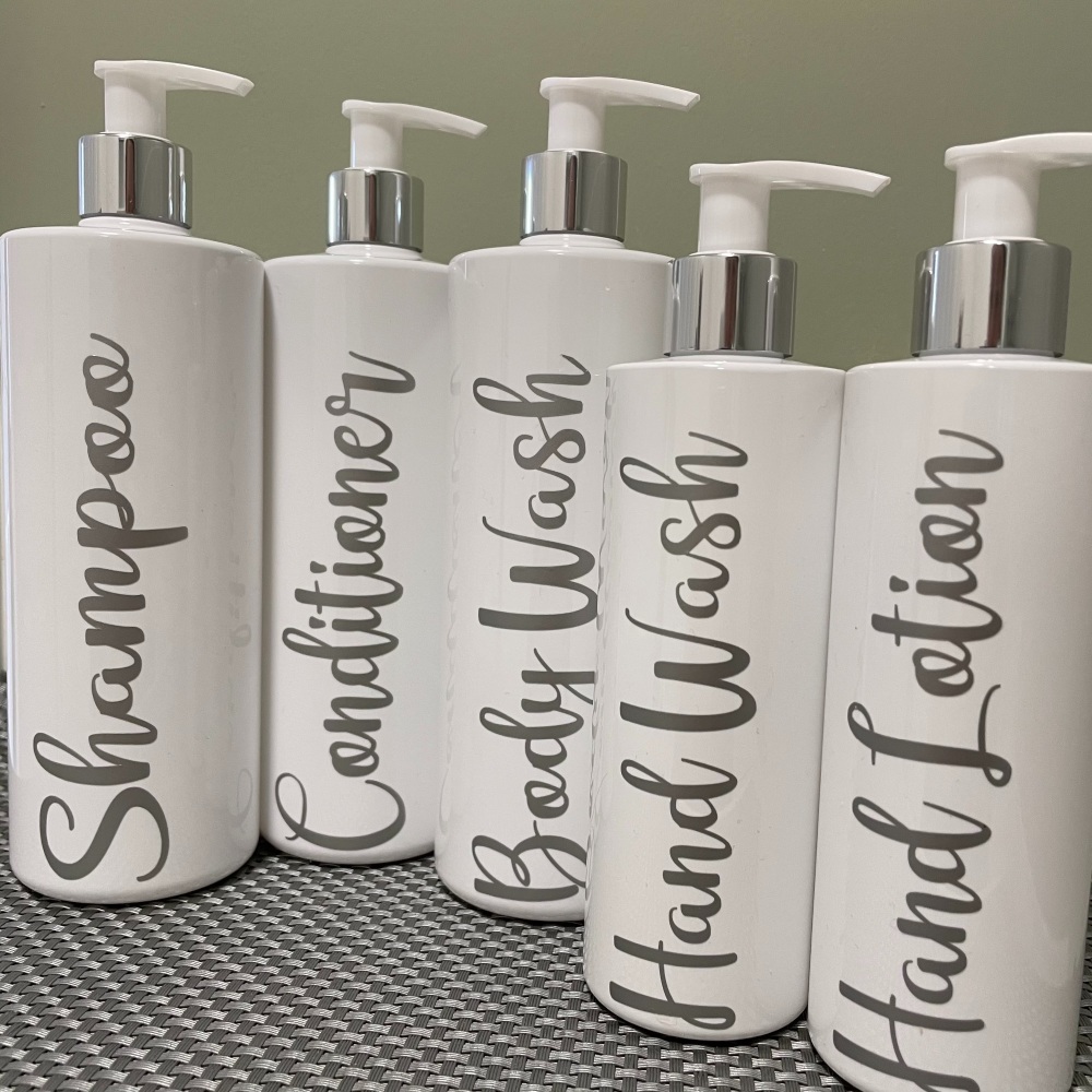 Set of 5 White Refillable Pump Bottles Shampoo, Conditioner and Body