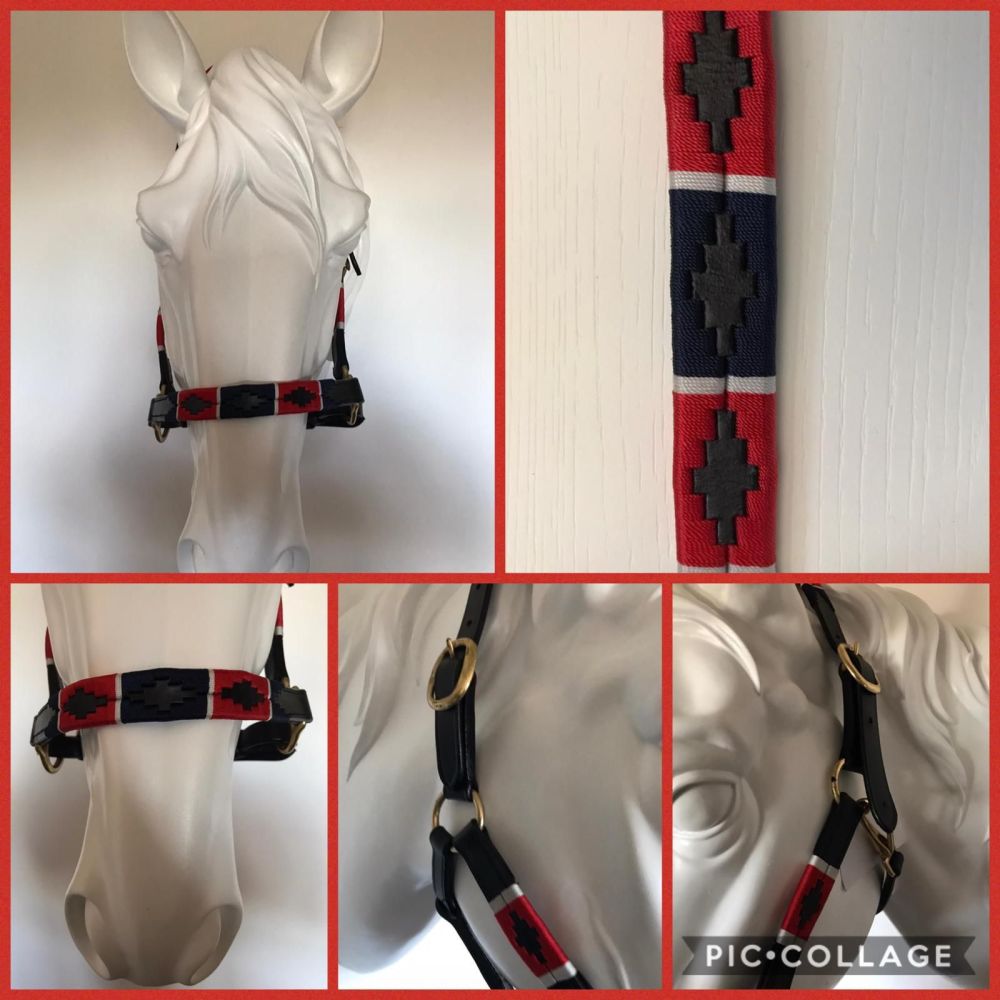 Polo Leather Head Collar , Red/ White/ Blue