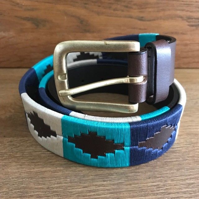 Polo Belt, Leather, Turquoise/ Beige/ Navy, 80-100cm