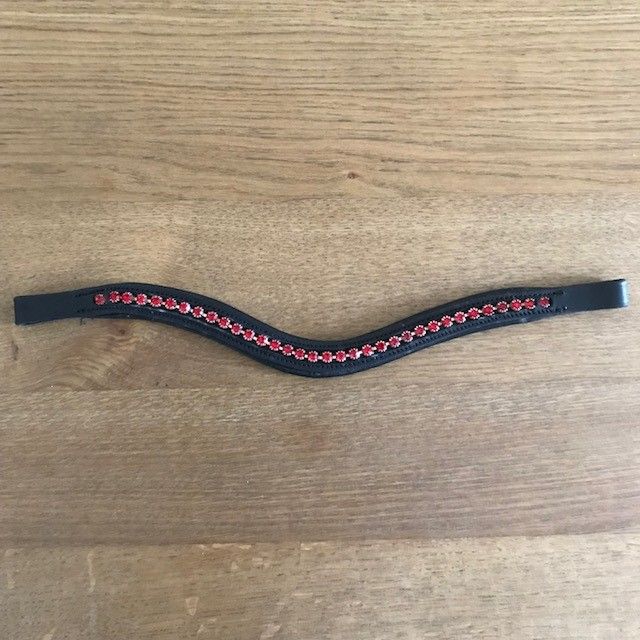 Browband,  Wave, Black Leather, Diamante (Red), Pony