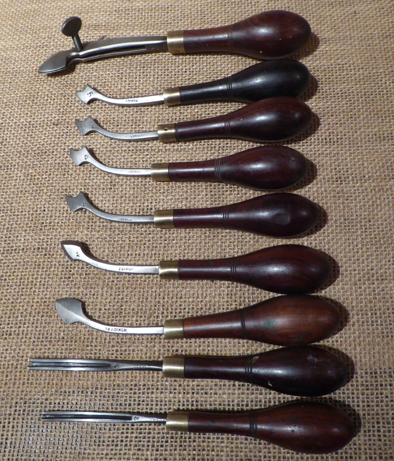 8 x J Dixon Leather Working Tools Plus Screw Creasing Iron antique