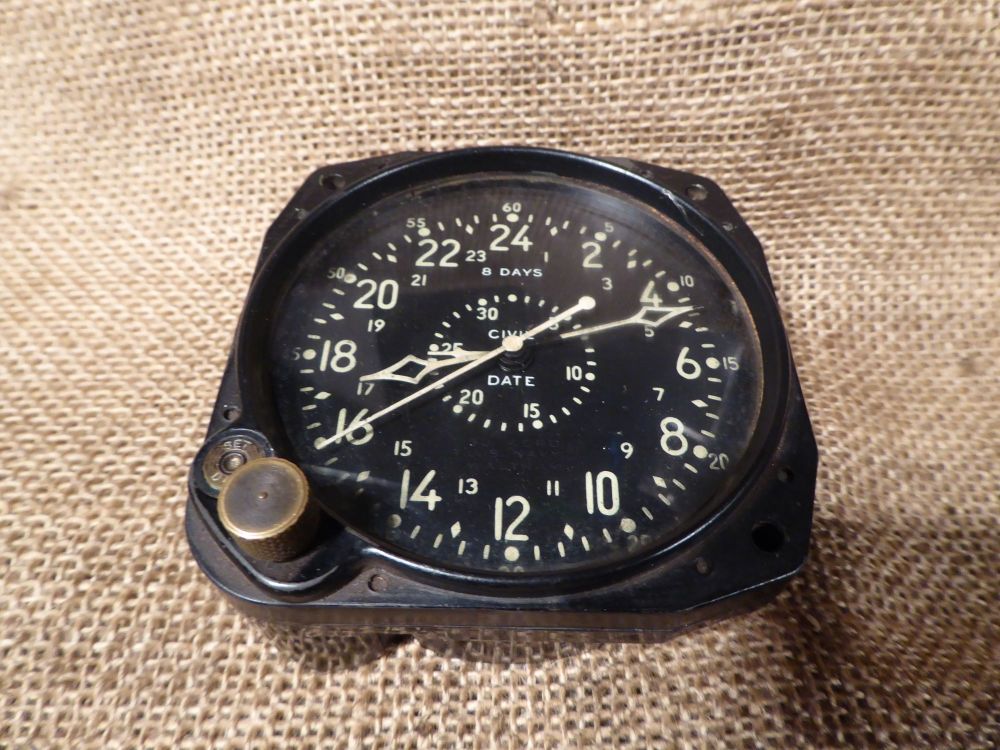 Waltham Watch Co. 8 Days Aircraft Clock - Civil Date - Military Aviation