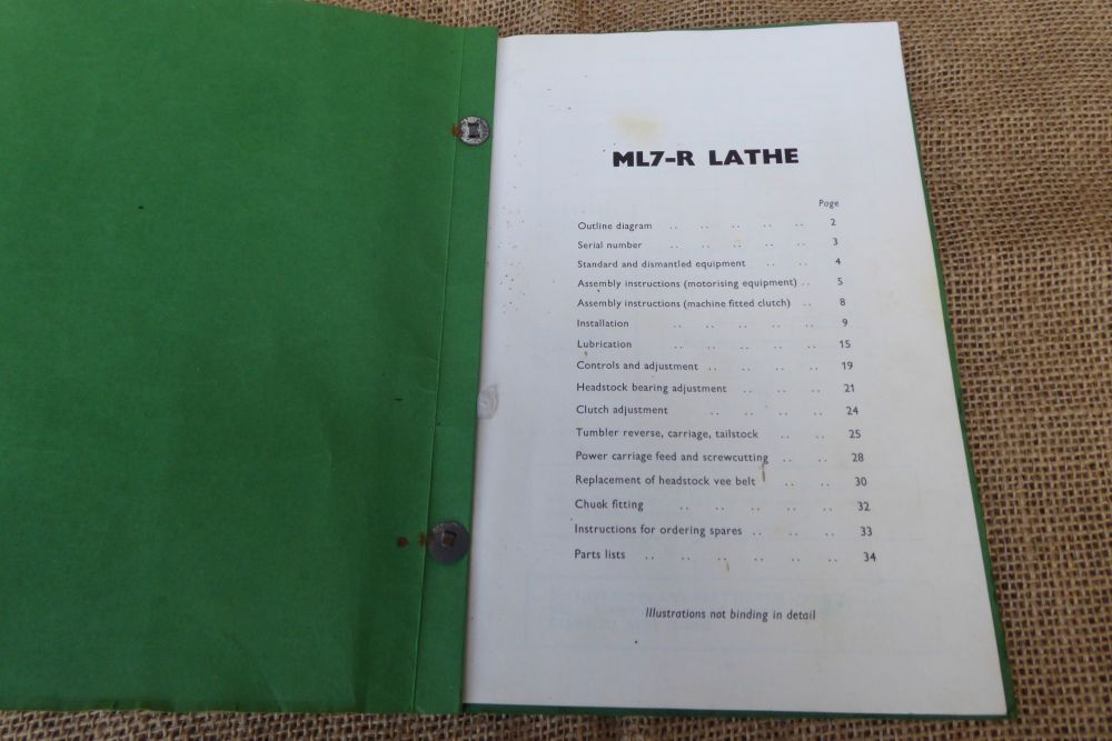 Myford ML7-R Lathe Notes On Operation Installation & Maintenance & Pictorial Parts List