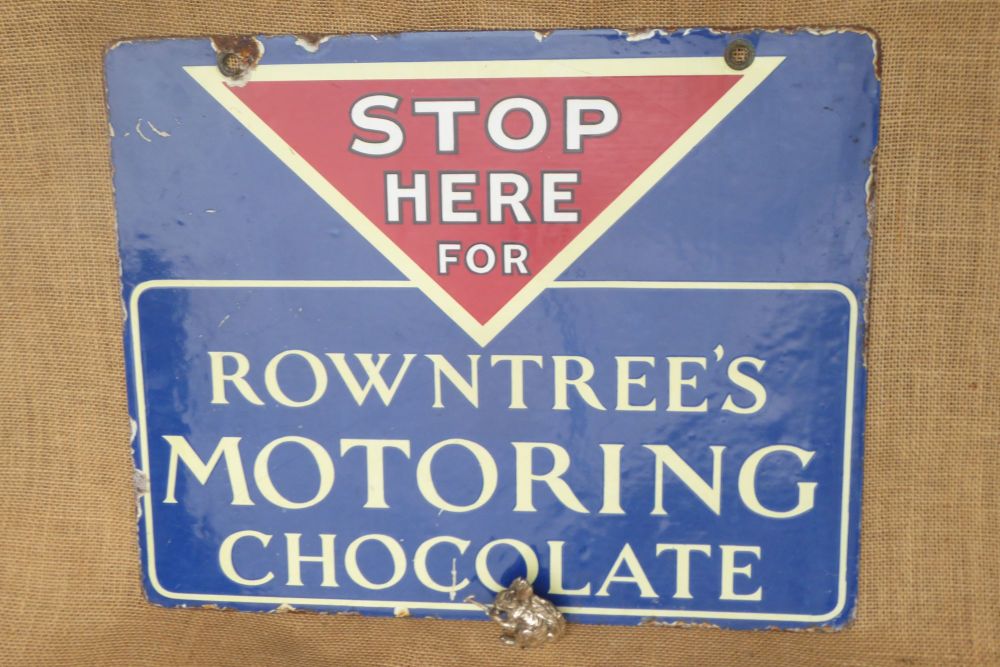 Stop Here For Rowntree's Motoring Chocolate Enamel Sign - Double Sided