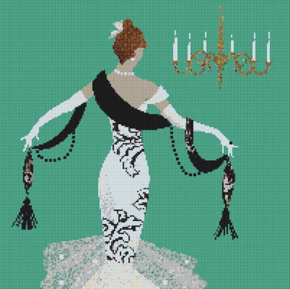 Woman in white dress on blue background cross stitch