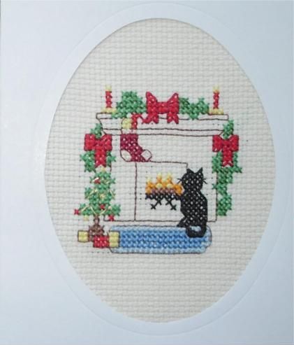 Christmas card - cat sat by the fire cross stitch