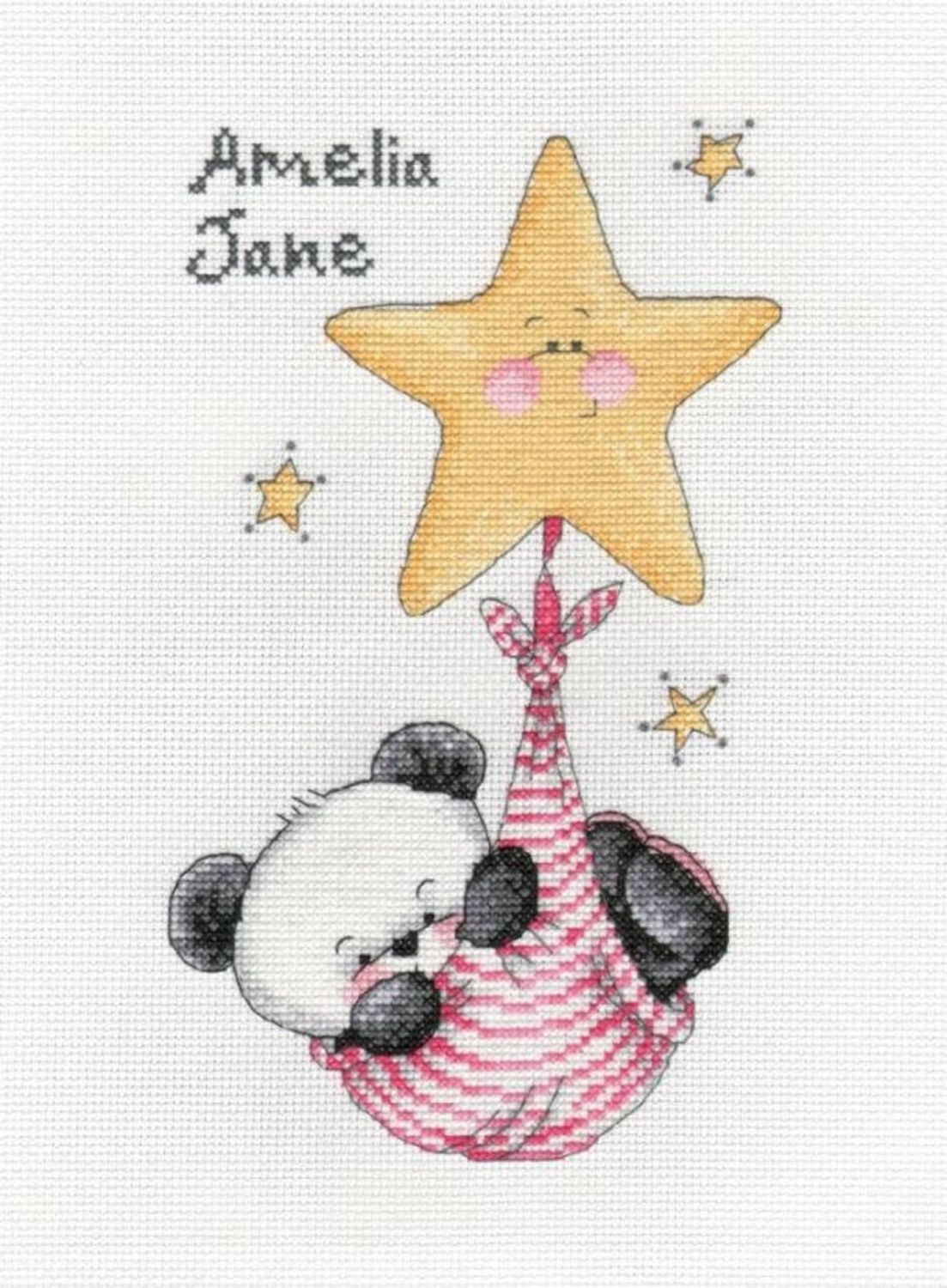 Party Paws swinging on a star - girl birth sampler