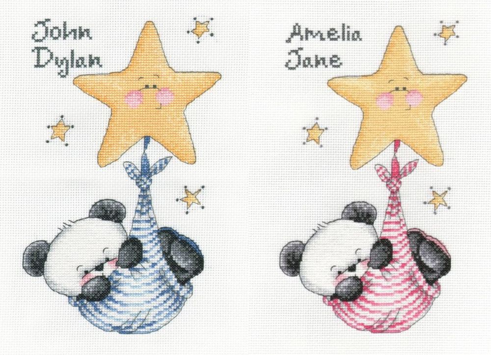 Party Paws - Bamboos swinging on stars - twin boy & girl cross stitch