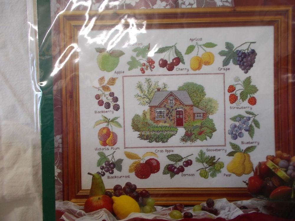 Orchard cottage surrounded by orchard fruits chart