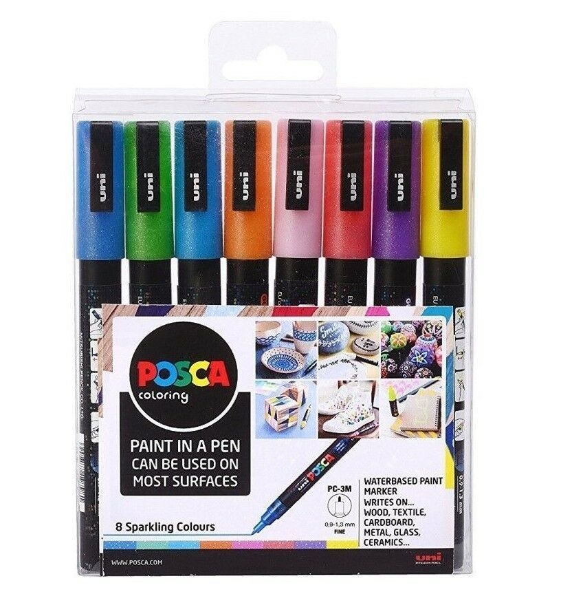 POSCA Paint Marker Pen PC-3M - Fine 1.5mm - Set of 8 Sparkling Glitter Colours