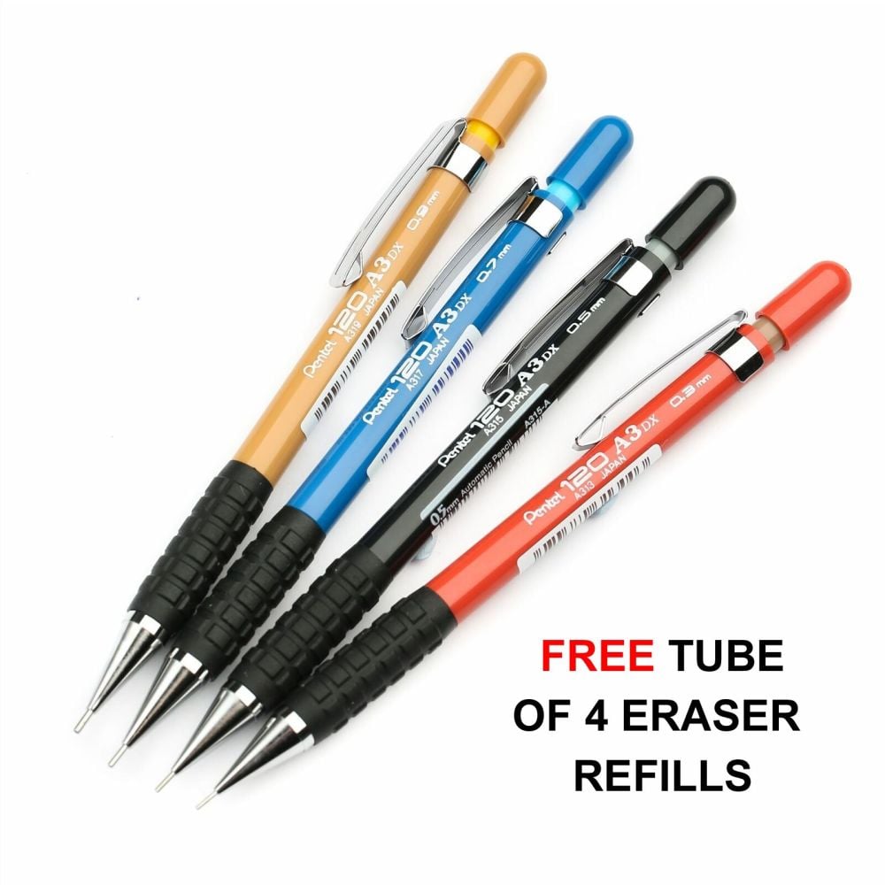 Set of Pentel 120 A3 Mechanical Pencil Rubber Grip : 0.3mm 0.5mm 0.7mm 0.9m