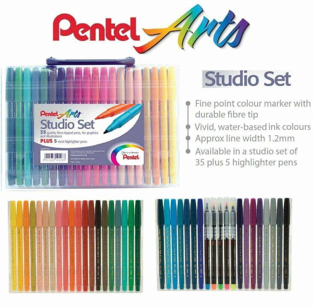 Pentel Arts 40 Fibre Felt Tip Colouring Pens Studio Case