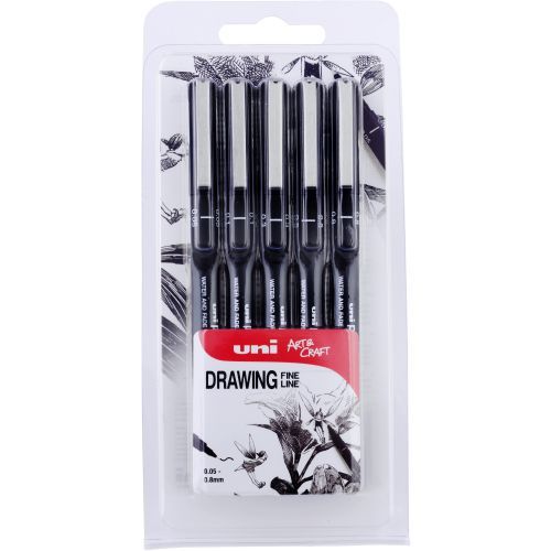 Uni-ball - PIN 200 Fine Liner Drawing Pen Black - 5pc Assorted Nibs