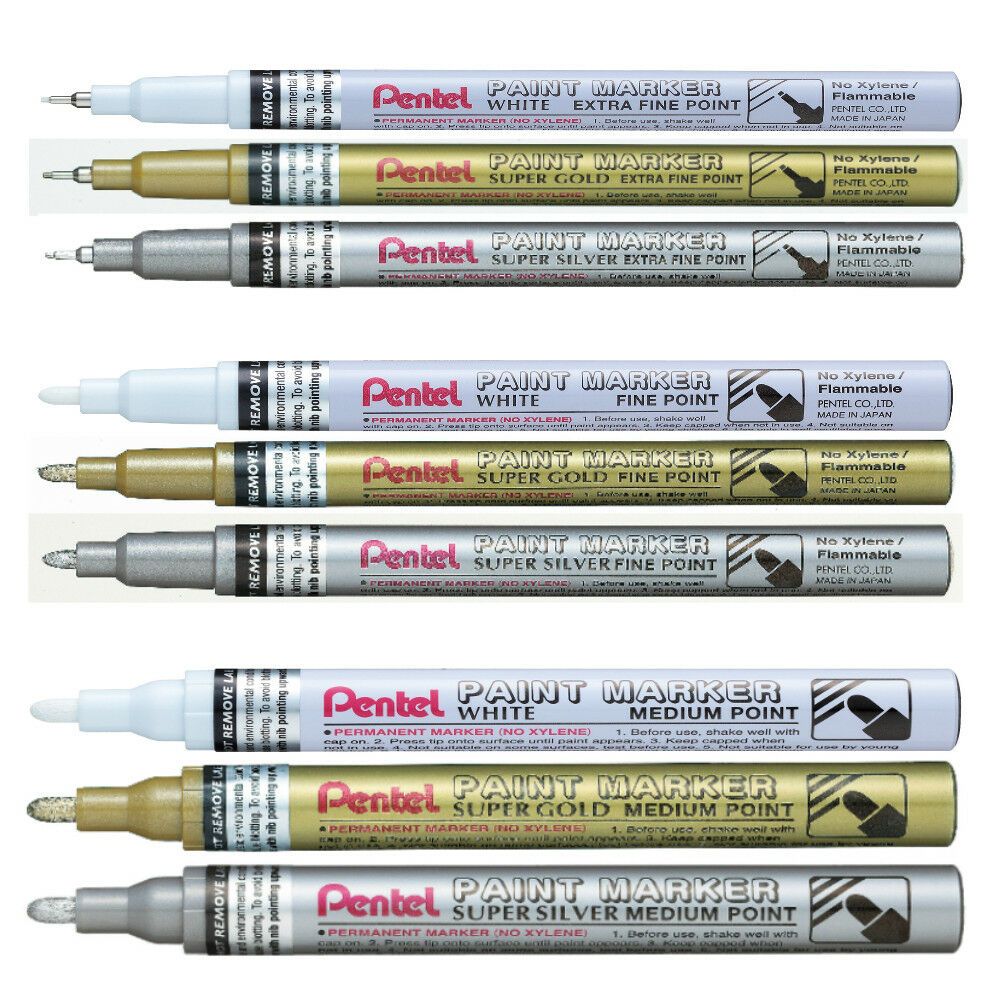 Pentel Paint Marker Permanent White, Gold & Silver in Extra Fine, Fine & Me