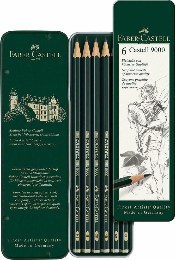 Faber Castell 9000 Artists Quality Graphite Pencils - Tin of 6 