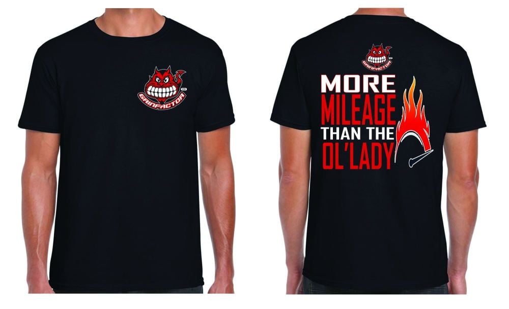 S - Grinfactor more mileage than the ol' lady motorcycle black Tee t-shirt 