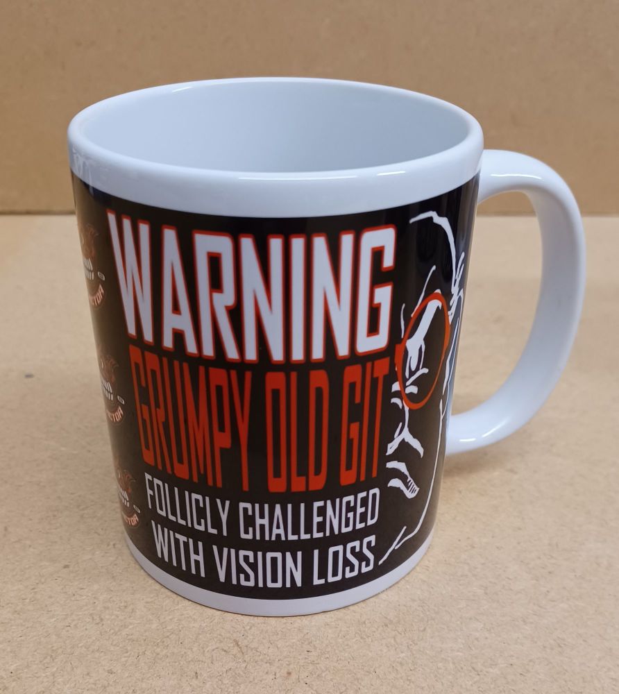 C - Grinfactor Warning Grumpy Old Git follicly challenged with vision loss fun mug 
