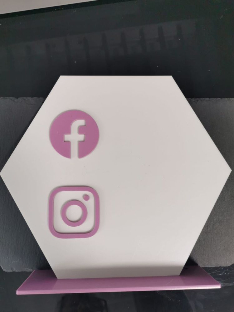 25cm White Acrylic Hexagon with Pastel Stand and Social Icons 