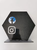 25cm Black Acrylic Hexagon with stand and White social media icons