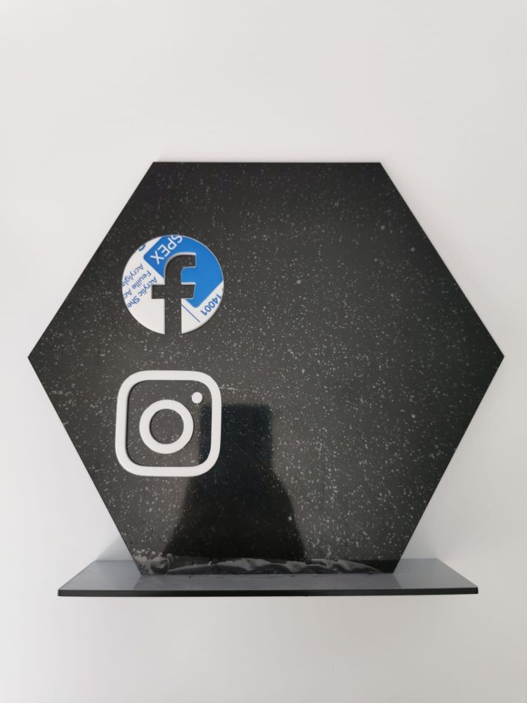 25cm Black Acrylic Hexagon with stand and White social media icons